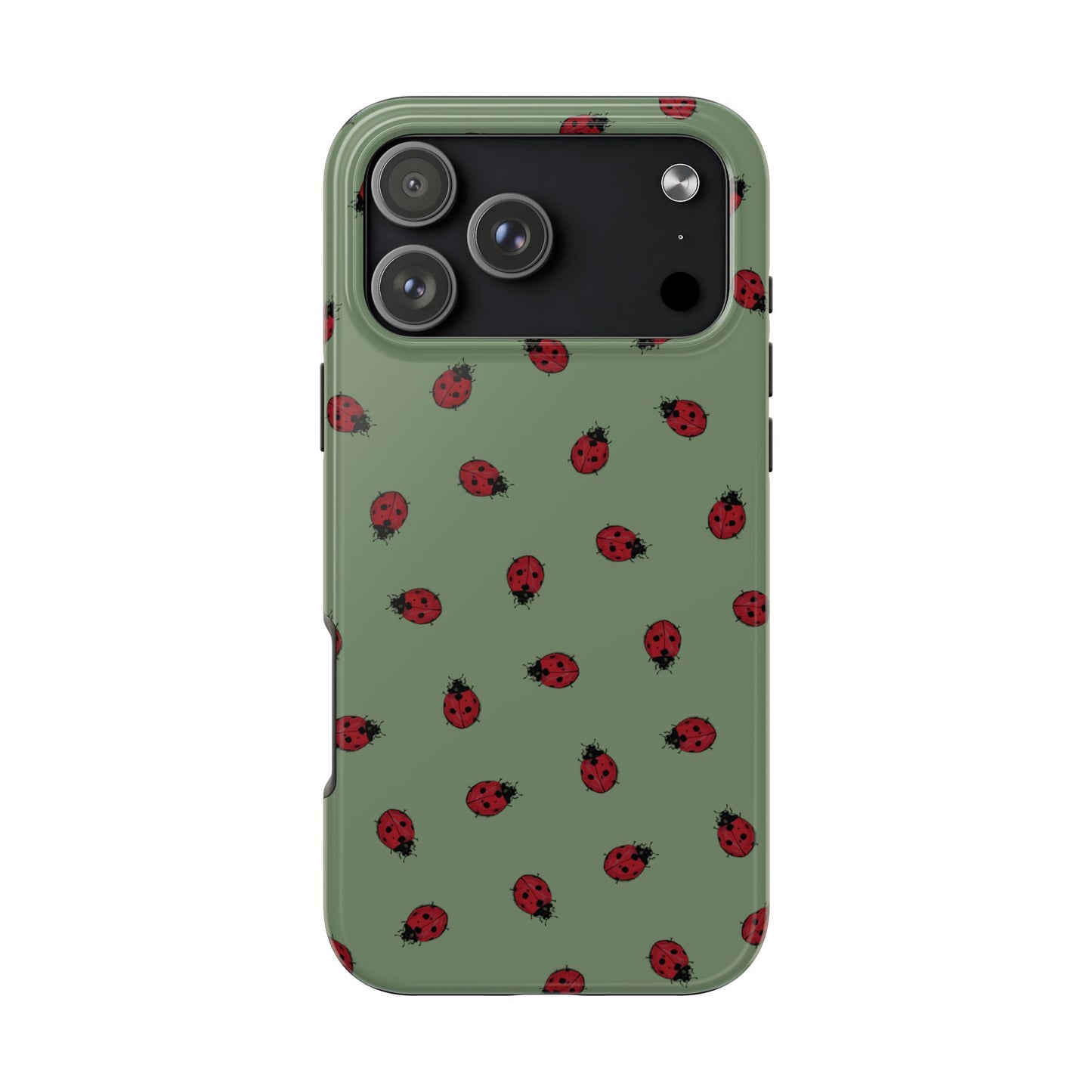 Phone case with ladybug pattern on a green background