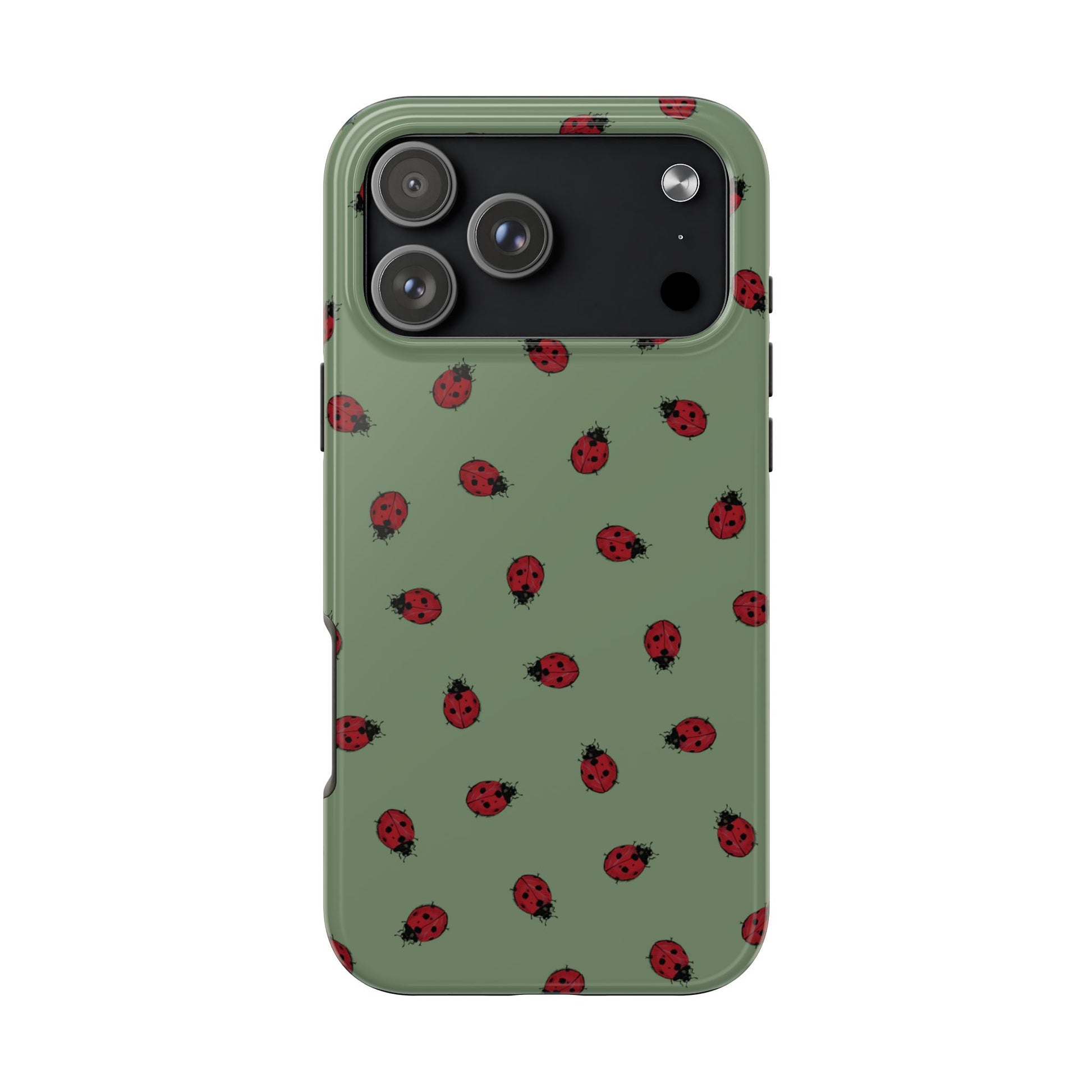 Phone case with ladybug pattern on a green background