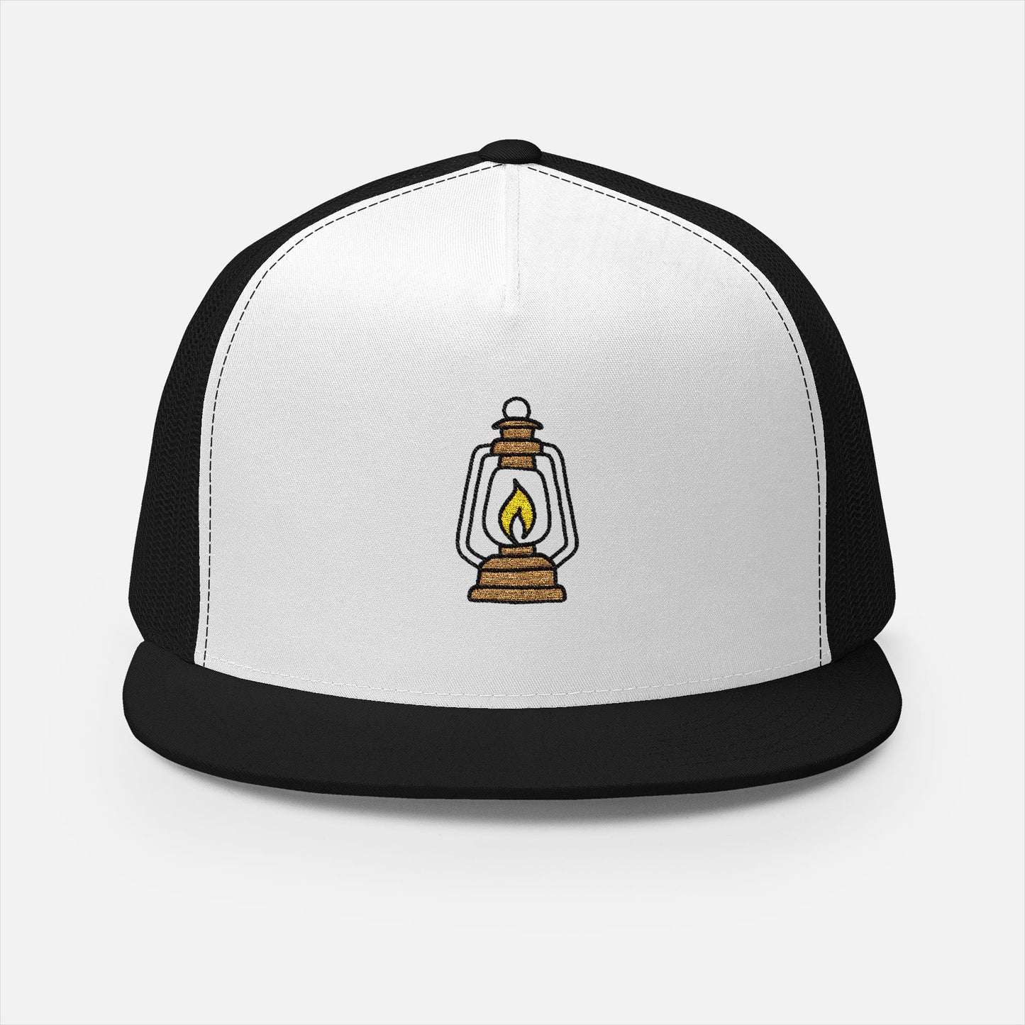 Front view of two-tone Trucker Cap with bold embroidered lantern and flame design, ideal for campers and outdoor enthusiasts.