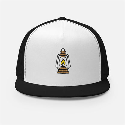 Front view of two-tone Trucker Cap with bold embroidered lantern and flame design, ideal for campers and outdoor enthusiasts.