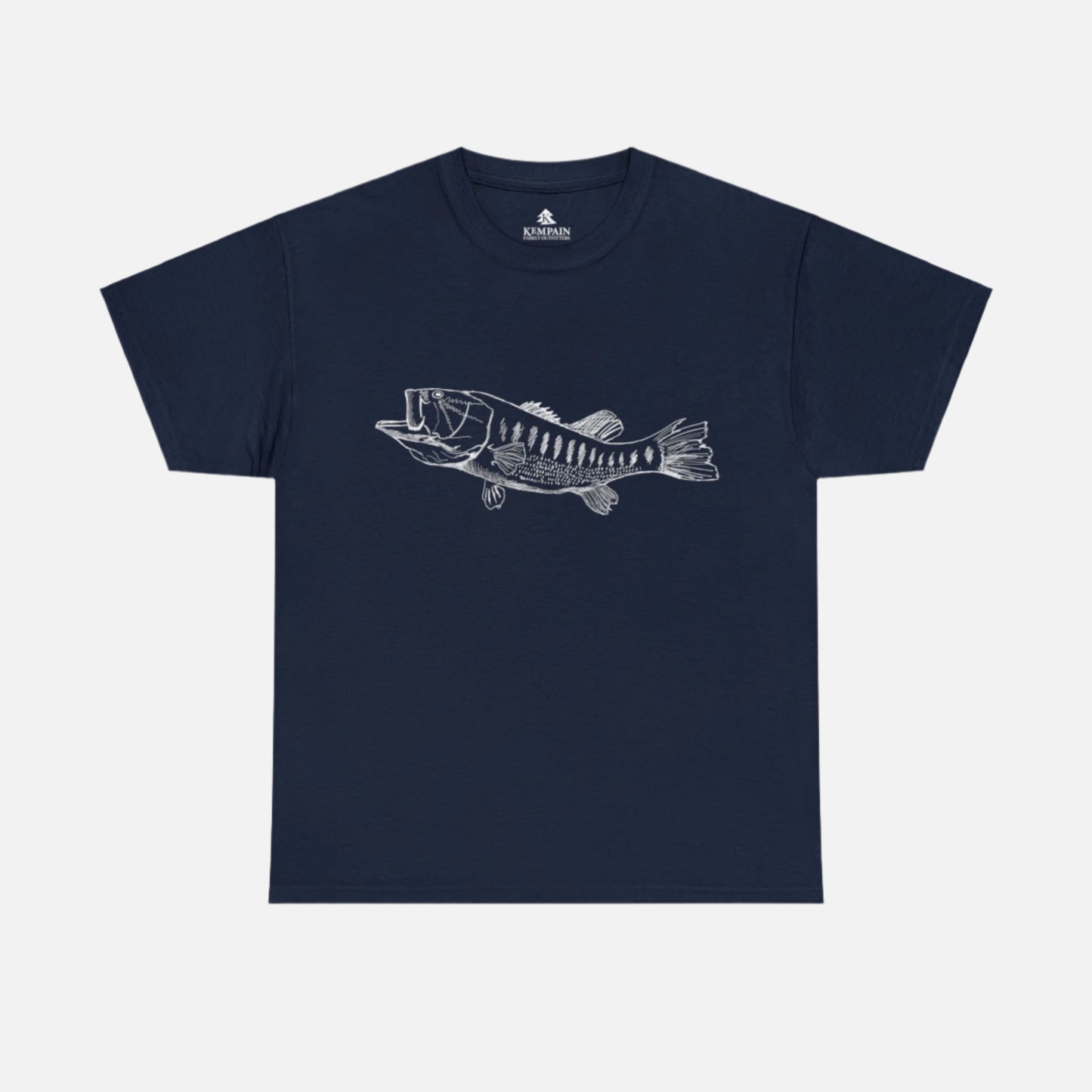 A largemouth bass graphic tee in navy on white background. Perfect gift for fishing enthusiast. 