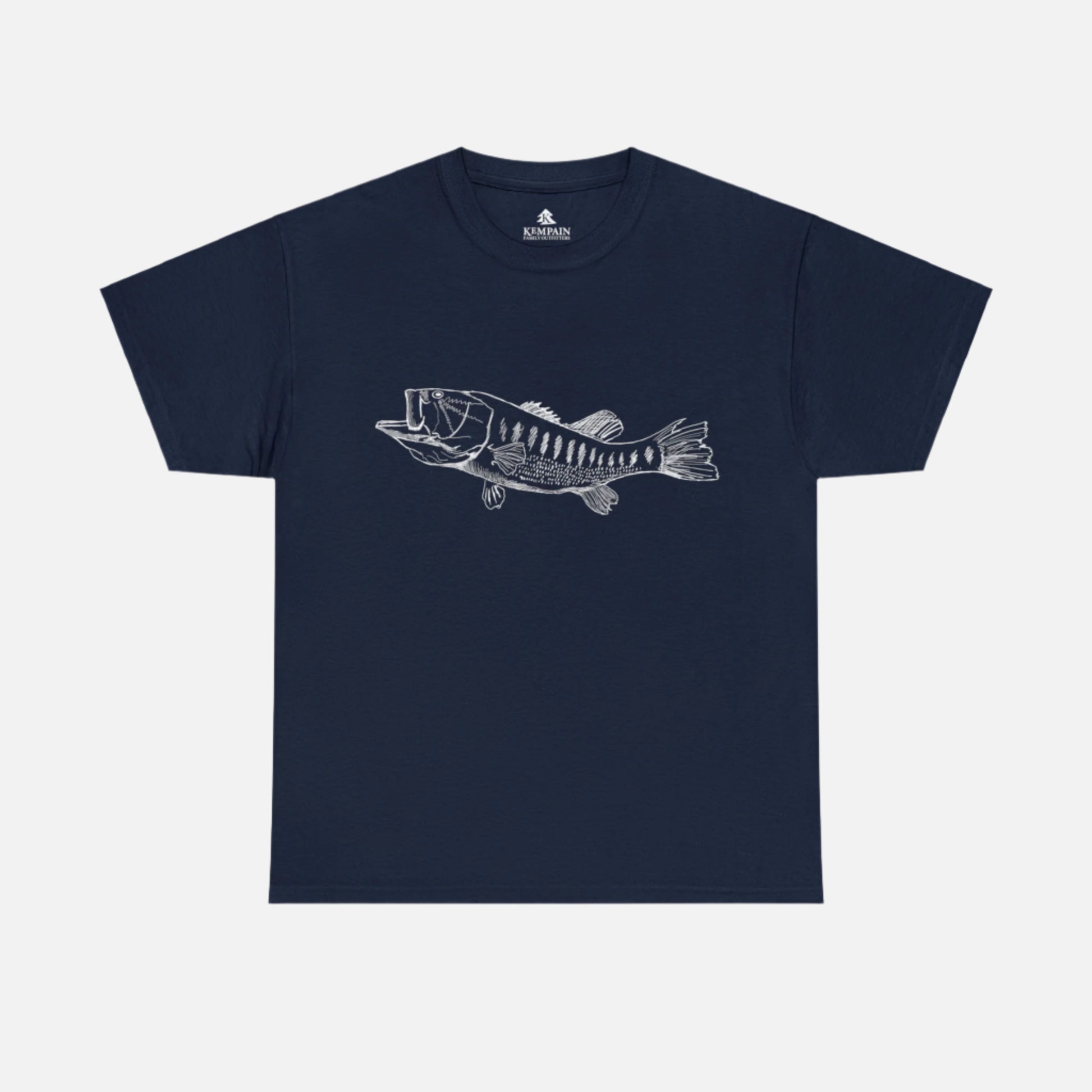A largemouth bass graphic tee in navy on white background. Perfect gift for fishing enthusiast. 
