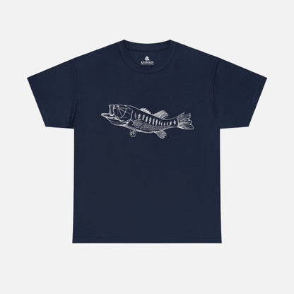 A largemouth bass graphic tee in navy on white background. Perfect gift for fishing enthusiast. 