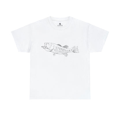 A largemouth bass graphic tee in white on white background. Perfect gift for fishing enthusiast. 