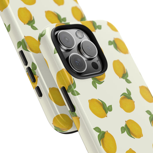 Angled close-up of Lemon Pattern Phone Case highlighting the bright citrus design and UV-protected glossy texture.