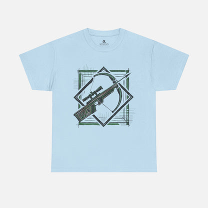 Light Blue Geometric Crossbow T-Shirt displayed flat on a white background, highlighting its modern archery-inspired design.