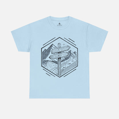 Light Blue Wilderness Way Trail Sign T-Shirt displayed flat on a white background, showcasing a clean and modern hiking-inspired design.