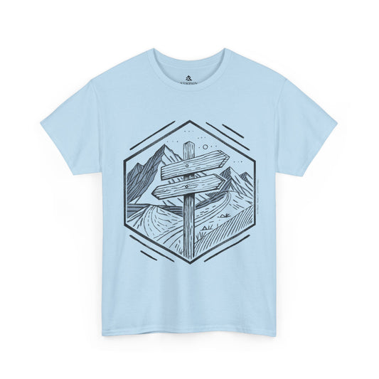 Light Blue Wilderness Way Trail Sign T-Shirt displayed flat on a white background, showcasing a clean and modern hiking-inspired design.