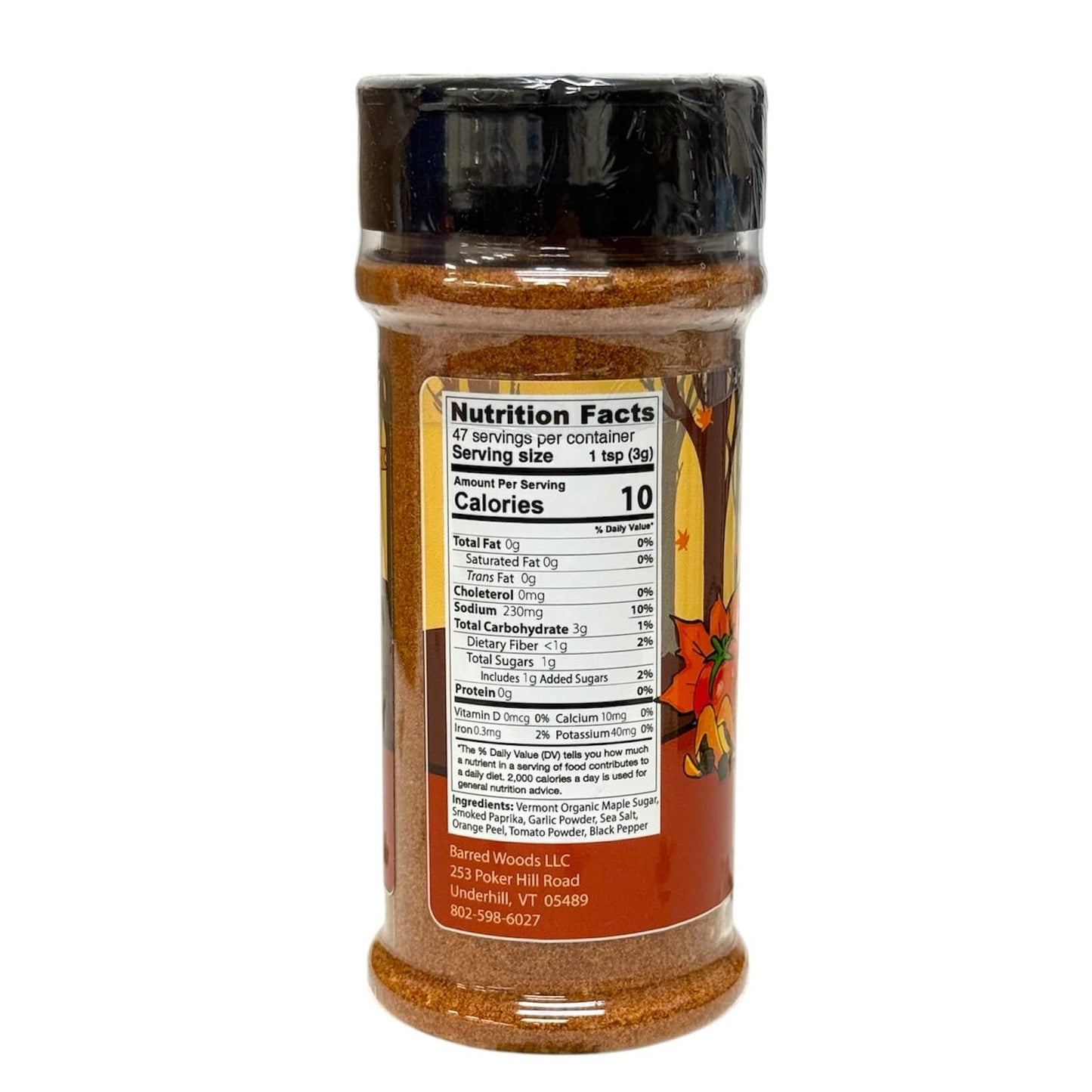 Maple BBQ rub containers nutrition label on a white background showing ingredients and detailed nutrition facts.
