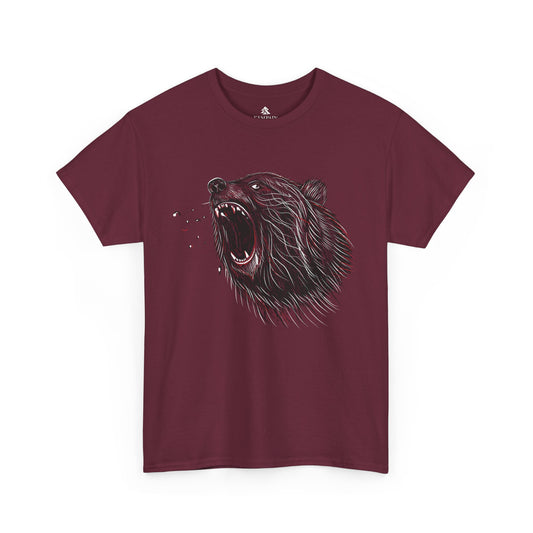 Maroon Roaring Bear T-shirt unisex nature and wildlife graphic tee on white background.