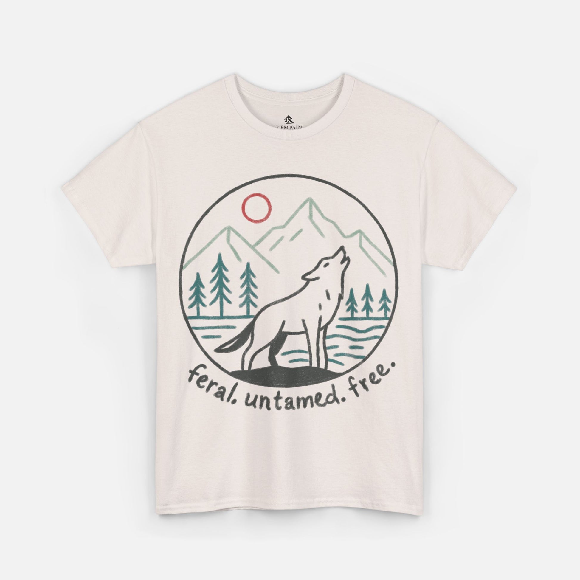 Flat lay of Wild Wolf Howling Tee in ice grey on a white background, featuring a circular line art design of a wolf howling at the moon with mountains and trees, printed on a softstyle cotton men's t-shirt.