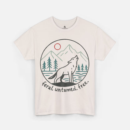 Flat lay of Wild Wolf Howling Tee in ice grey on a white background, featuring a circular line art design of a wolf howling at the moon with mountains and trees, printed on a softstyle cotton men's t-shirt.
