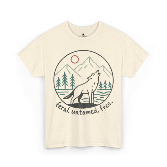 Flat lay of Wild Wolf Howling Tee in natural color on a white background, featuring a circular line art design of a wolf howling at the moon with mountains and trees, printed on a softstyle cotton men's t-shirt.