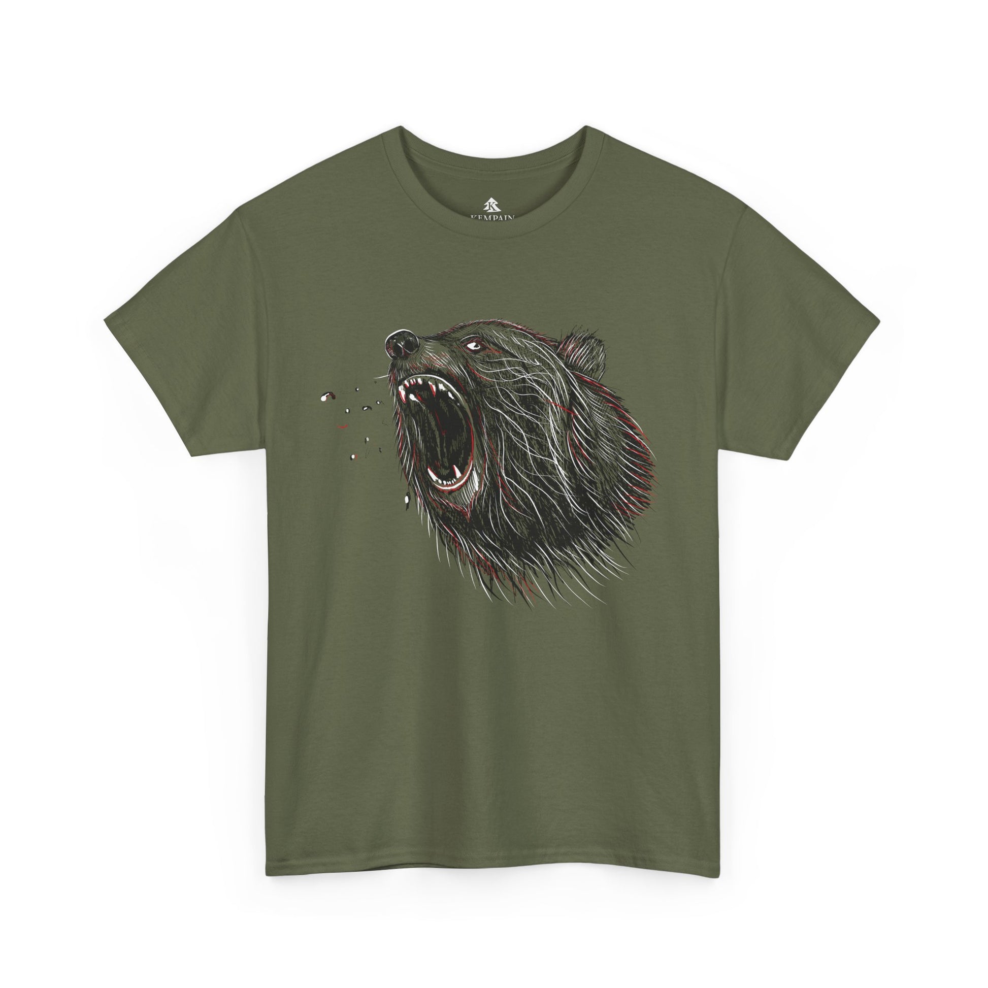 Military Green Roaring Bear T-shirt unisex nature and wildlife graphic tee on white background.