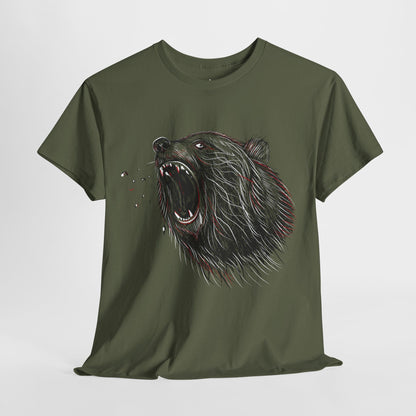 Military Green Roaring Bear T-shirt unisex nature and wildlife graphic tee on white background.