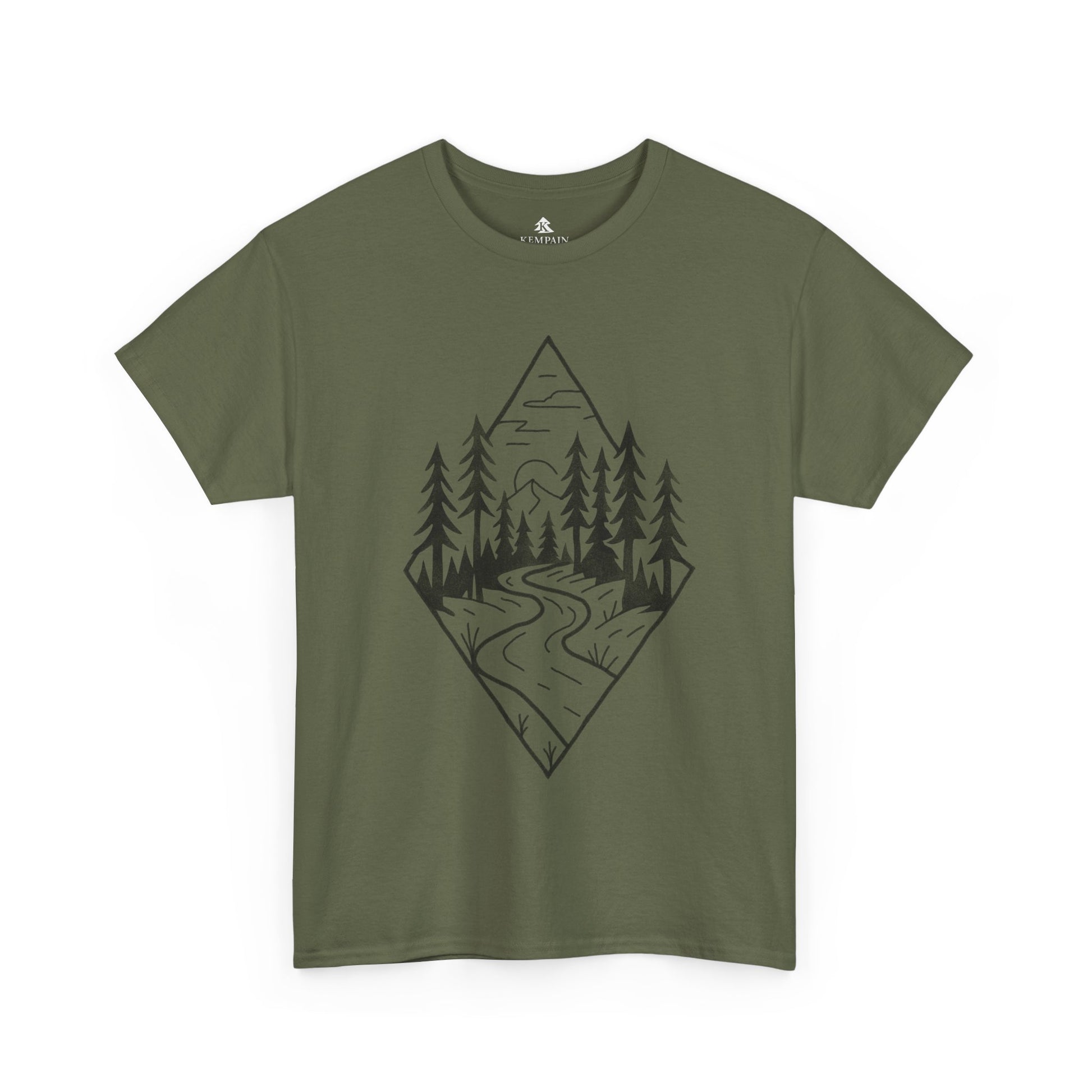 Military Green Winding Path Tee Inspired by winding paths, towering trees, and the quiet serenity of the forest, the Trailblazer Tee features our Timberline Trails hand-drawn nature path illustration. 