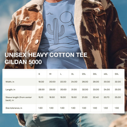 Minimalist Desert Cactus T-Shirt size chart displaying unisex fit and measurement details for all sizes.