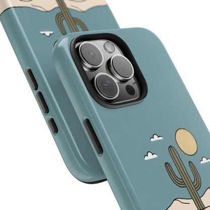 Minimalist Cactus Phone Case featuring simple black line art  and textured color of desert cactus with sun and clouds on a clean background with an angle view.