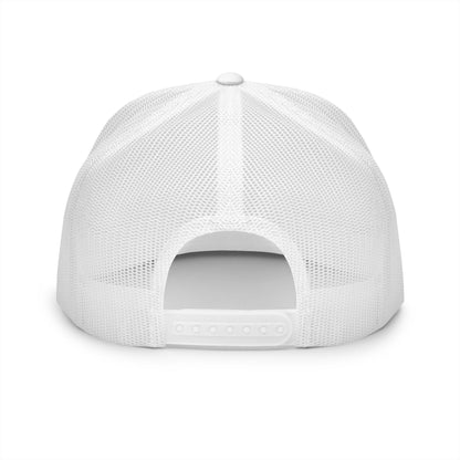 Back view of white classic trucker cap with breathable mesh and adjustable snapback.