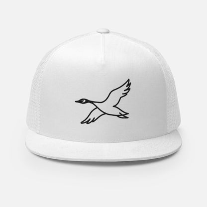 Front view of white trucker hat with embroidered flying goose line illustration, ideal for birdwatchers and outdoor enthusiasts.