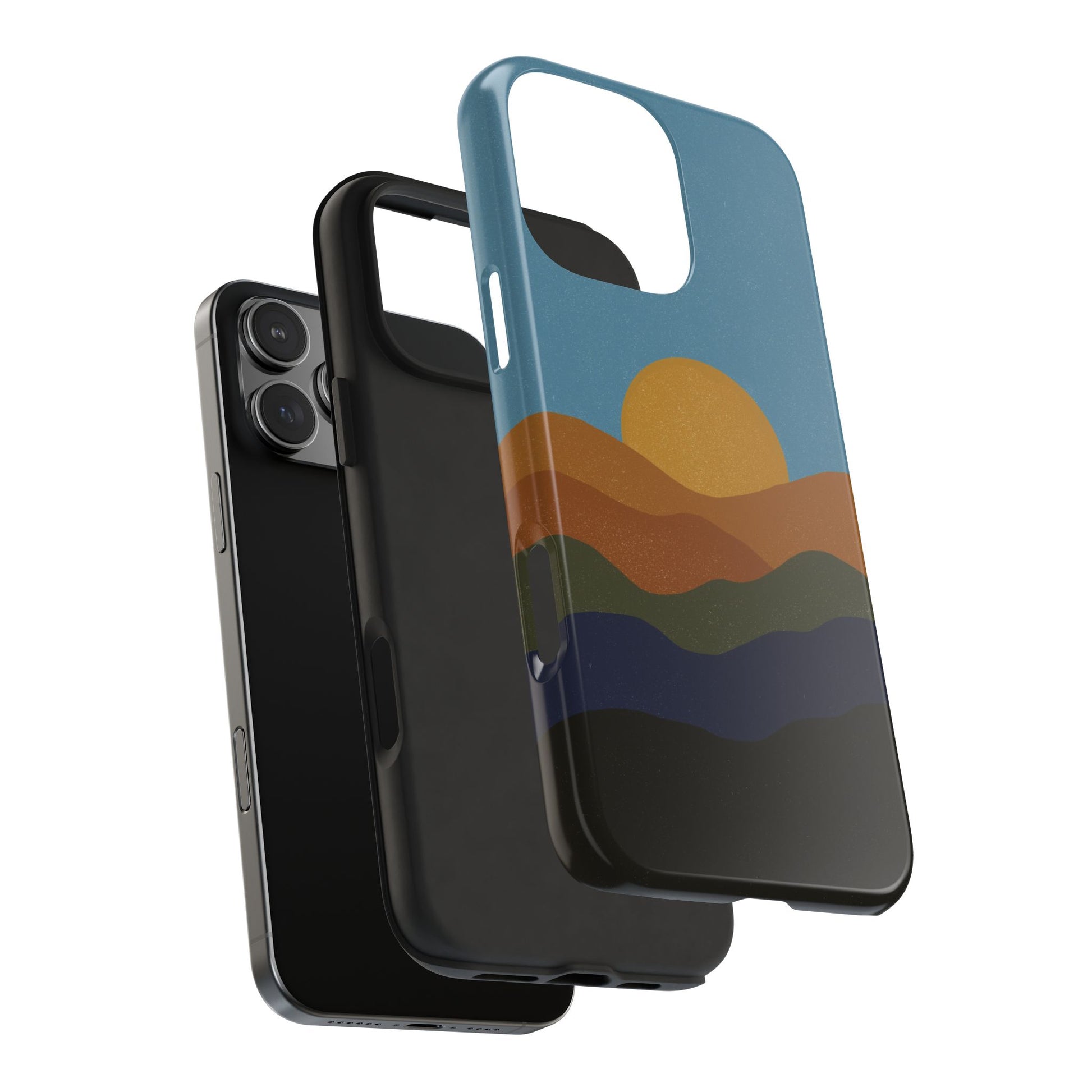 Modern Mountain Sunset Phone Case in exploded view, showing durable dual-layer construction for rugged protection.