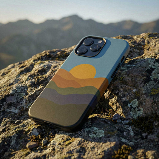 Phone case with mountain design on a rocky surface