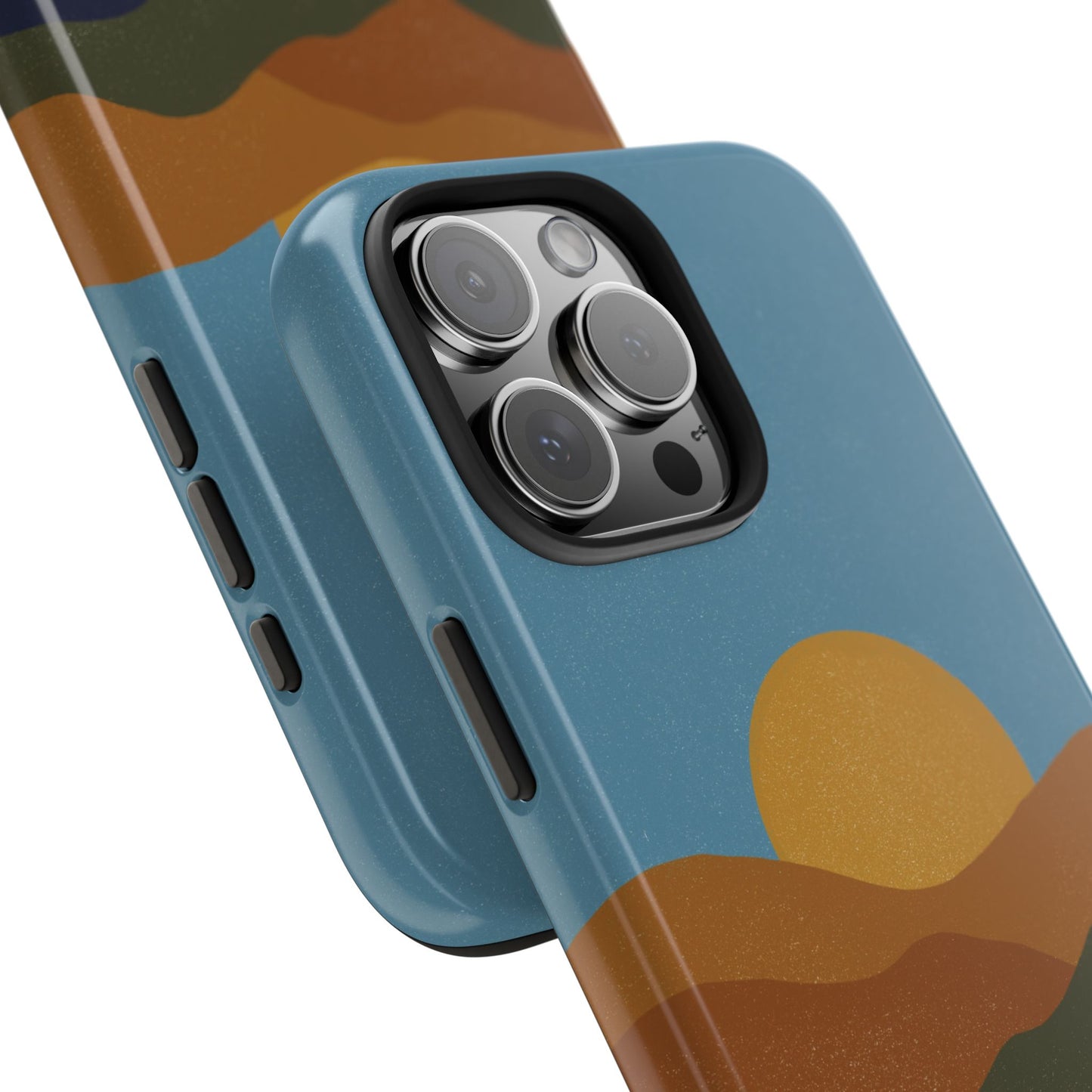 Modern Mountain Sunset Phone Case with earthy-toned digital illustration of a sun setting over layered mountain ranges on white background with an angle view showing the sleek button and camera cutout on iPhone.