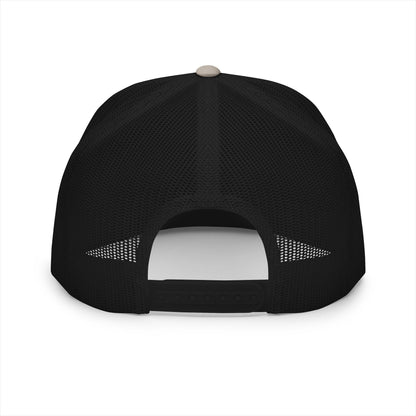 Back view of silver/black trucker cap showing mesh panel and adjustable snapback closure for breathable fit.