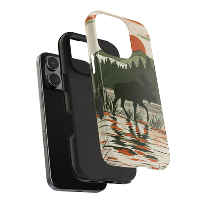 Moose in Marshland Phone Case displayed in exploded view on white background, showcasing the rugged, nature-inspired design and durable structure.