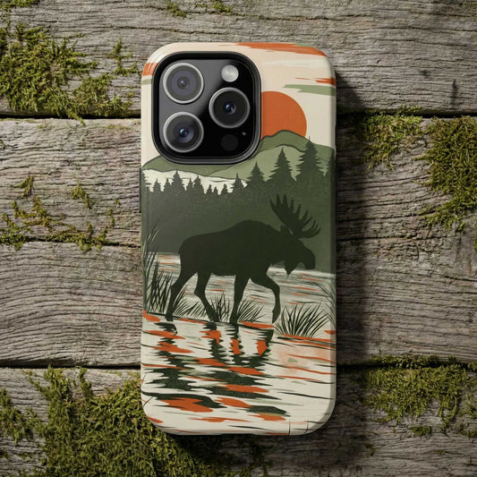 Phone case with moose design on a wooden surface