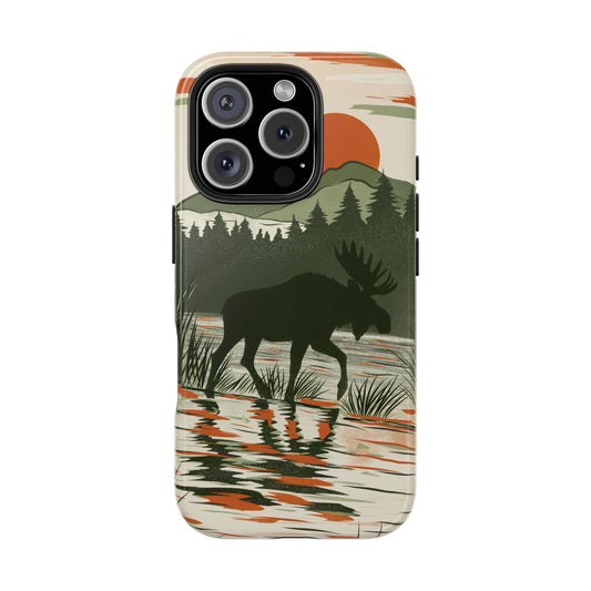 Flat lay of Moose in Marshland Phone Case on white background with detailed moose wading through marsh illustration.