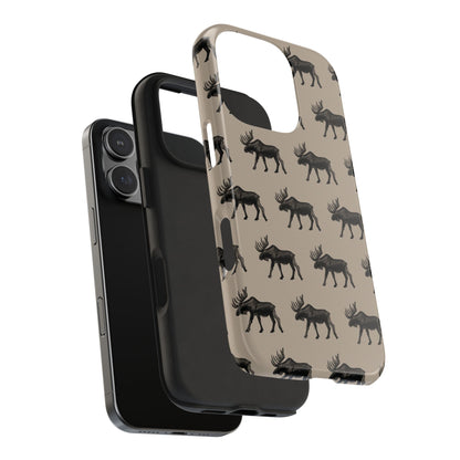 Exploded view of iPhone case on a white background featuring a moose pattern. Perfect for those who love the outdoors and moose country. This image showcases the design of the outer plastic shell and interior shock proof rubber liner.