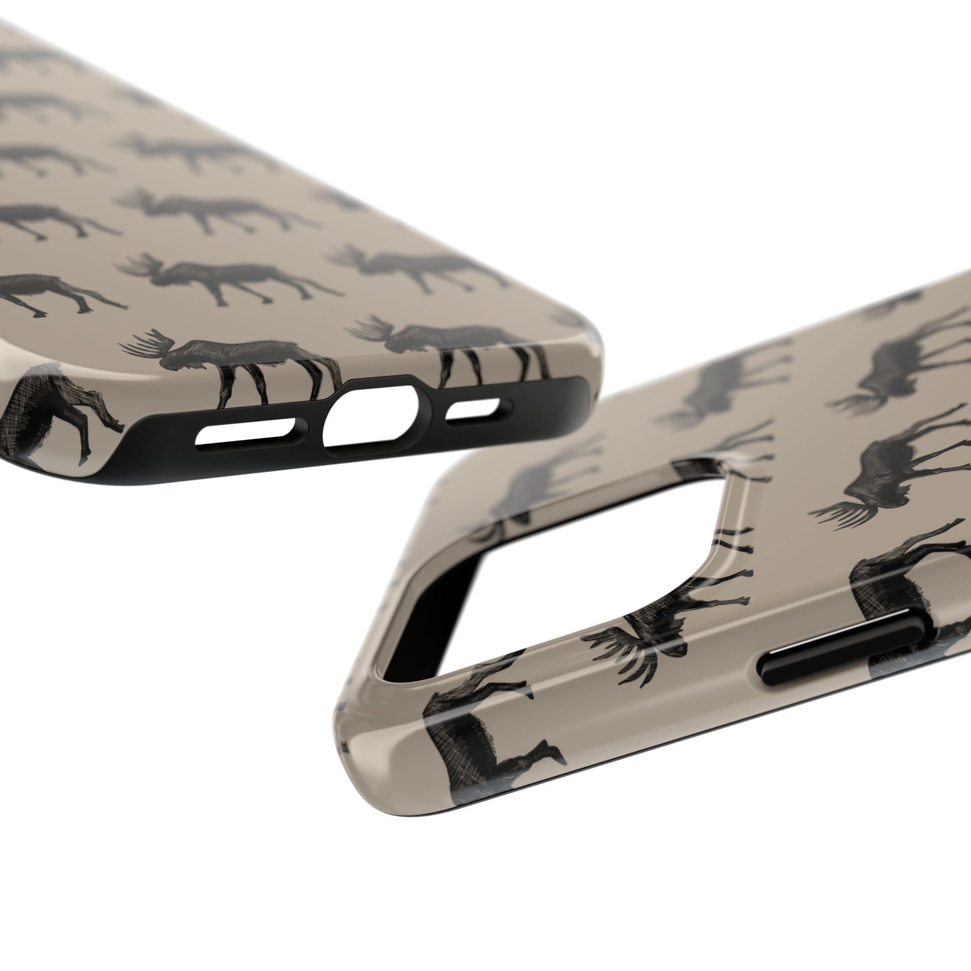 iPhone case close up of charging ports and camera cutout featuring a moose pattern. Perfect for those who love the outdoors and moose country. 