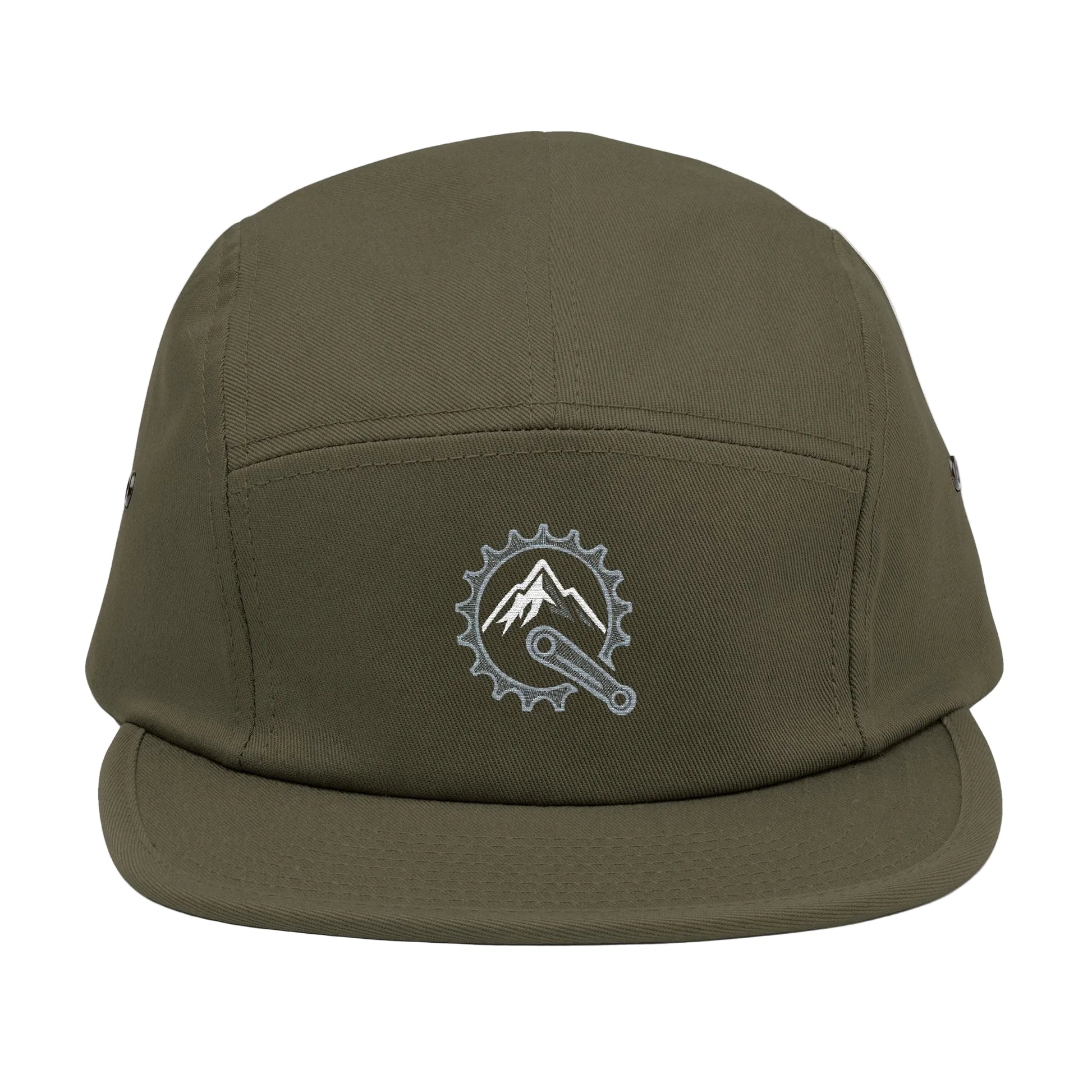 Front view of olive 5-panel cap featuring embroidered mountain and bike crank design in metallic silver and white.