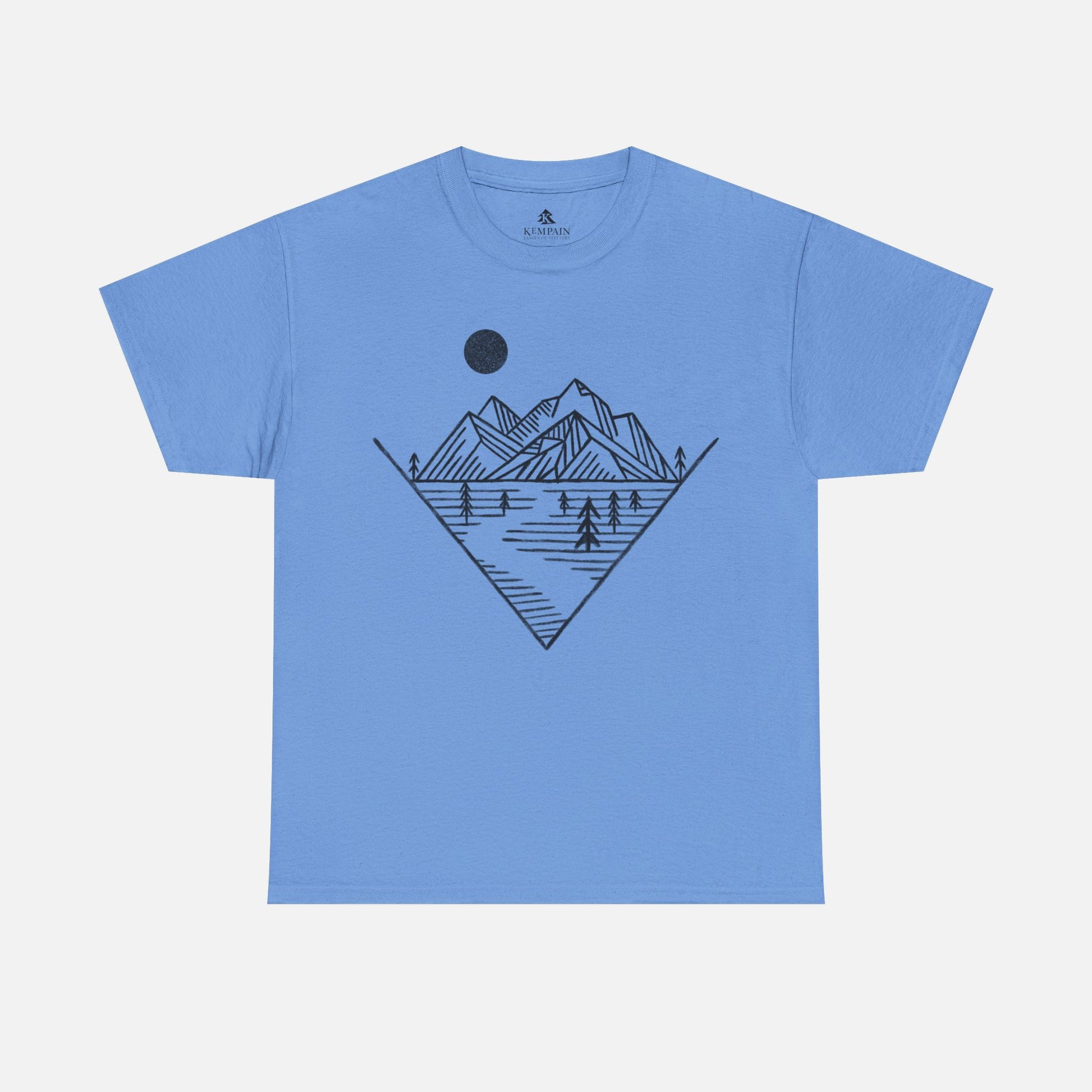 Mountain Peak Pursuit T-Shirt in blue on a white background, showcasing a minimalist mountain and trail design for nature enthusiasts.