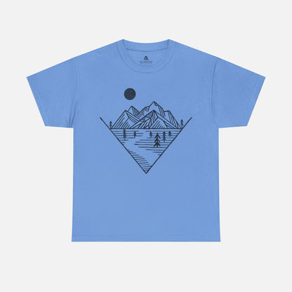 Mountain Peak Pursuit T-Shirt in blue on a white background, showcasing a minimalist mountain and trail design for nature enthusiasts.