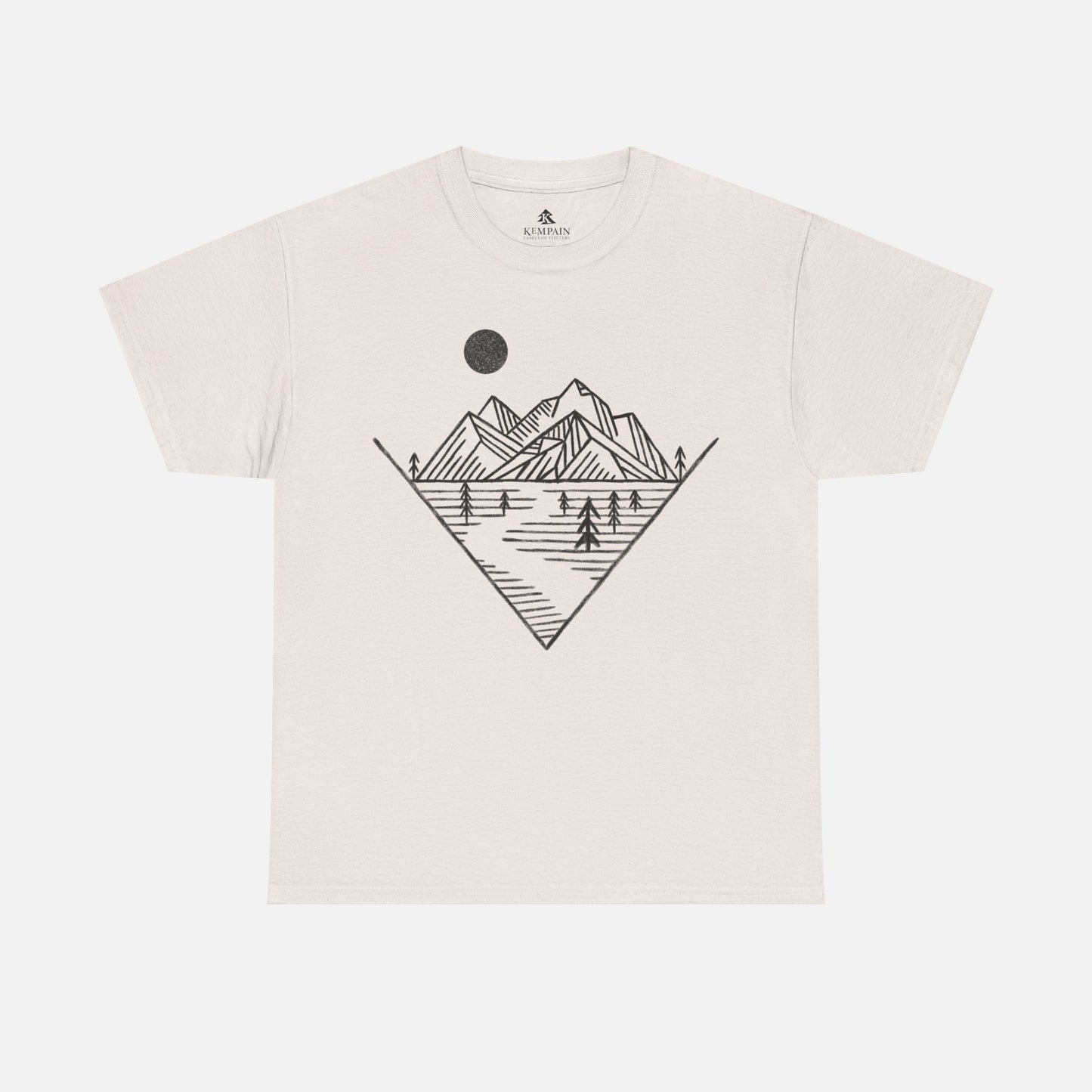 Mountain Peak Pursuit T-Shirt in white on a ice gray background, showcasing a minimalist mountain and trail design for nature enthusiasts.