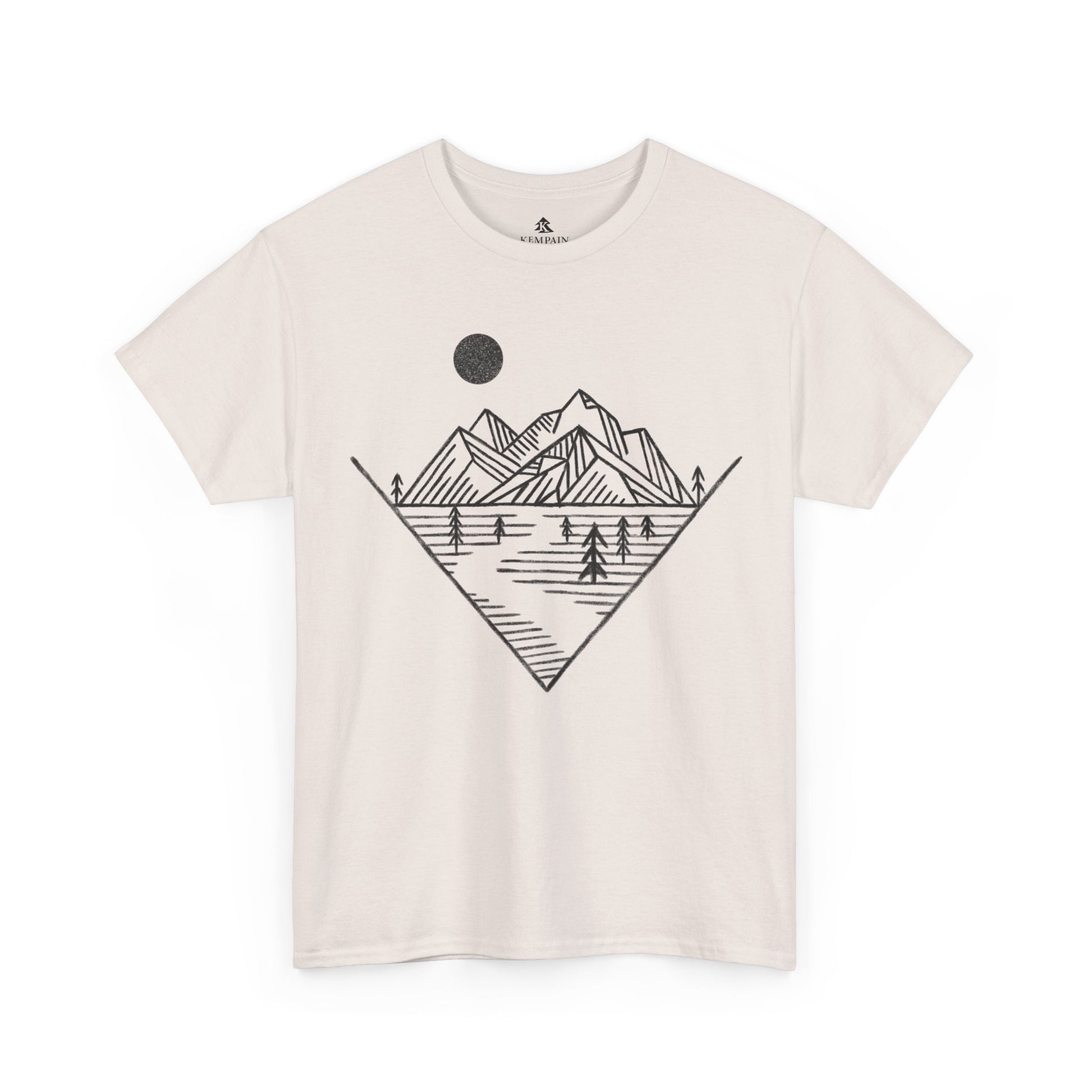 Mountain Peak Pursuit T-Shirt in white on a ice gray background, showcasing a minimalist mountain and trail design for nature enthusiasts.