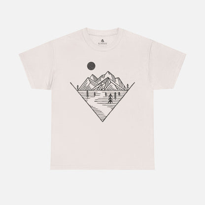 Mountain Peak Pursuit T-Shirt in white on a ice gray background, showcasing a minimalist mountain and trail design for nature enthusiasts.