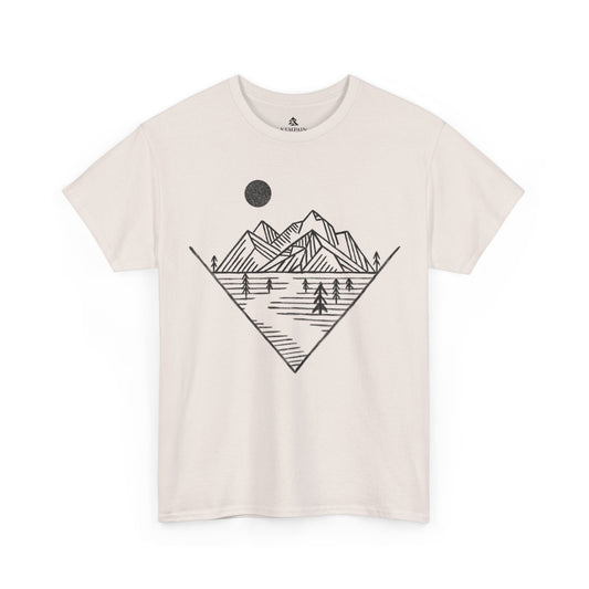 Mountain Peak Pursuit T-Shirt in white on a ice gray background, showcasing a minimalist mountain and trail design for nature enthusiasts.