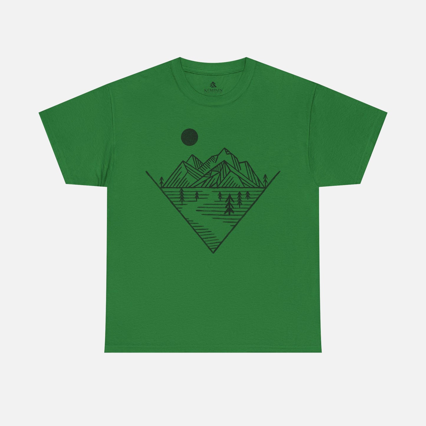 Mountain Peak Pursuit T-Shirt in green on a white background, showcasing a minimalist mountain and trail design for nature enthusiasts.
