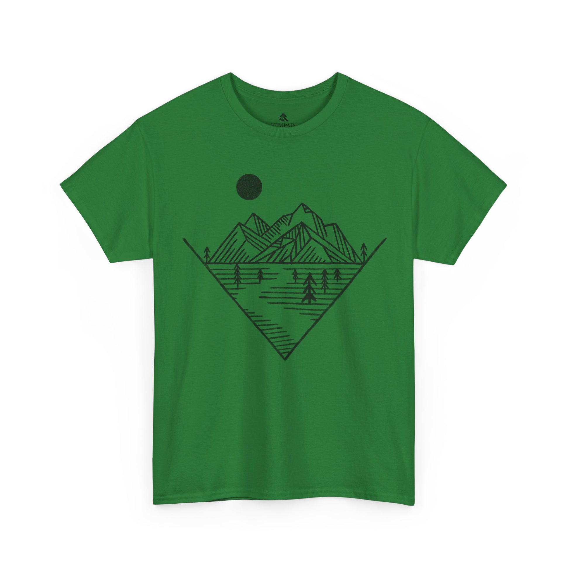 Mountain Peak Pursuit T-Shirt in green on a white background, showcasing a minimalist mountain and trail design for nature enthusiasts.