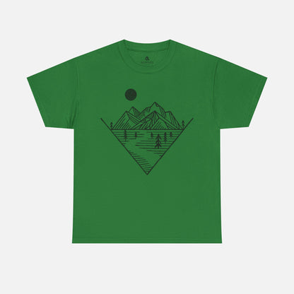 Mountain Peak Pursuit T-Shirt in green on a white background, showcasing a minimalist mountain and trail design for nature enthusiasts.