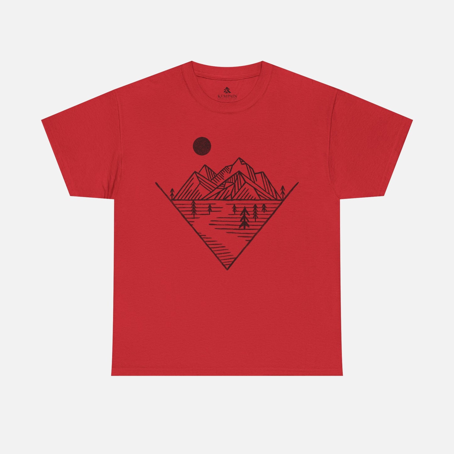 Mountain Peak Pursuit T-Shirt in red on a white background, showcasing a minimalist mountain and trail design for nature enthusiasts.