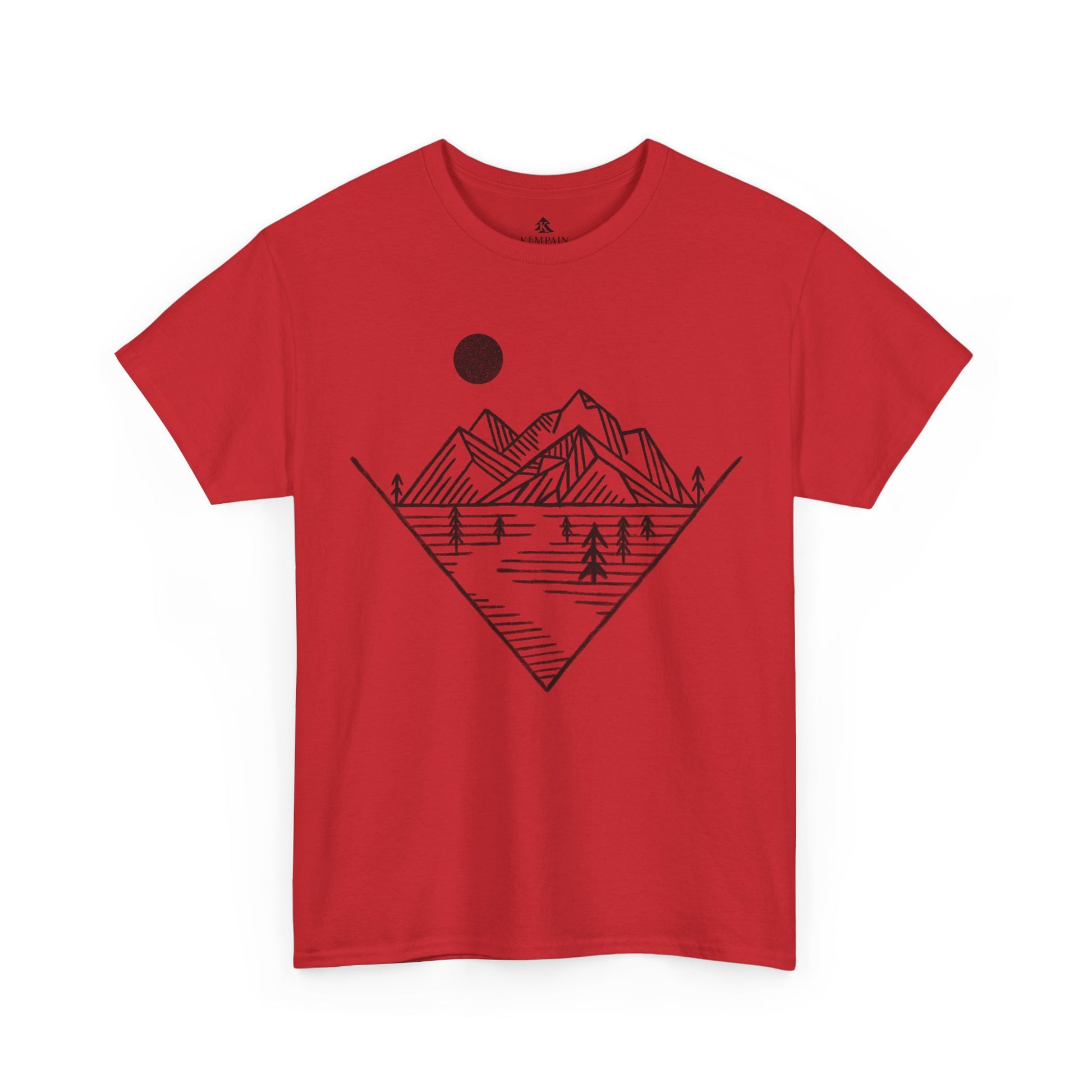 Mountain Peak Pursuit T-Shirt in red on a white background, showcasing a minimalist mountain and trail design for nature enthusiasts.