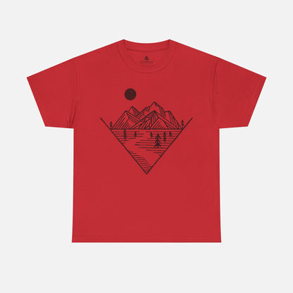 Mountain Peak Pursuit T-Shirt in red on a white background, showcasing a minimalist mountain and trail design for nature enthusiasts.
