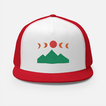 Front of Mountain Ridge and Moon Phase red trucker cap showing the embroidery design of mountain ridges and moon phases in a minimalist style by Kempain Family Outfitters.