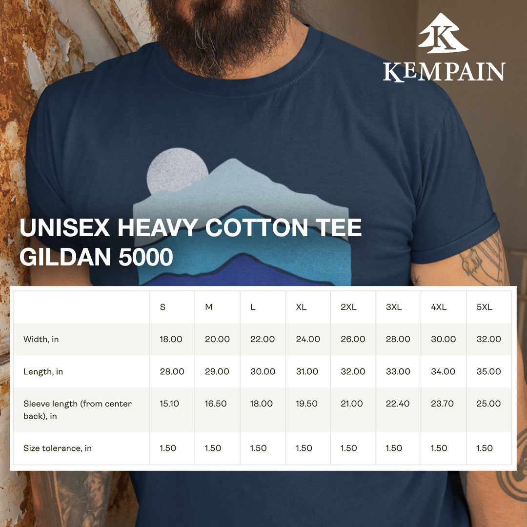 image of size chart for Gildan 5000 cotton unisex heavy tee.