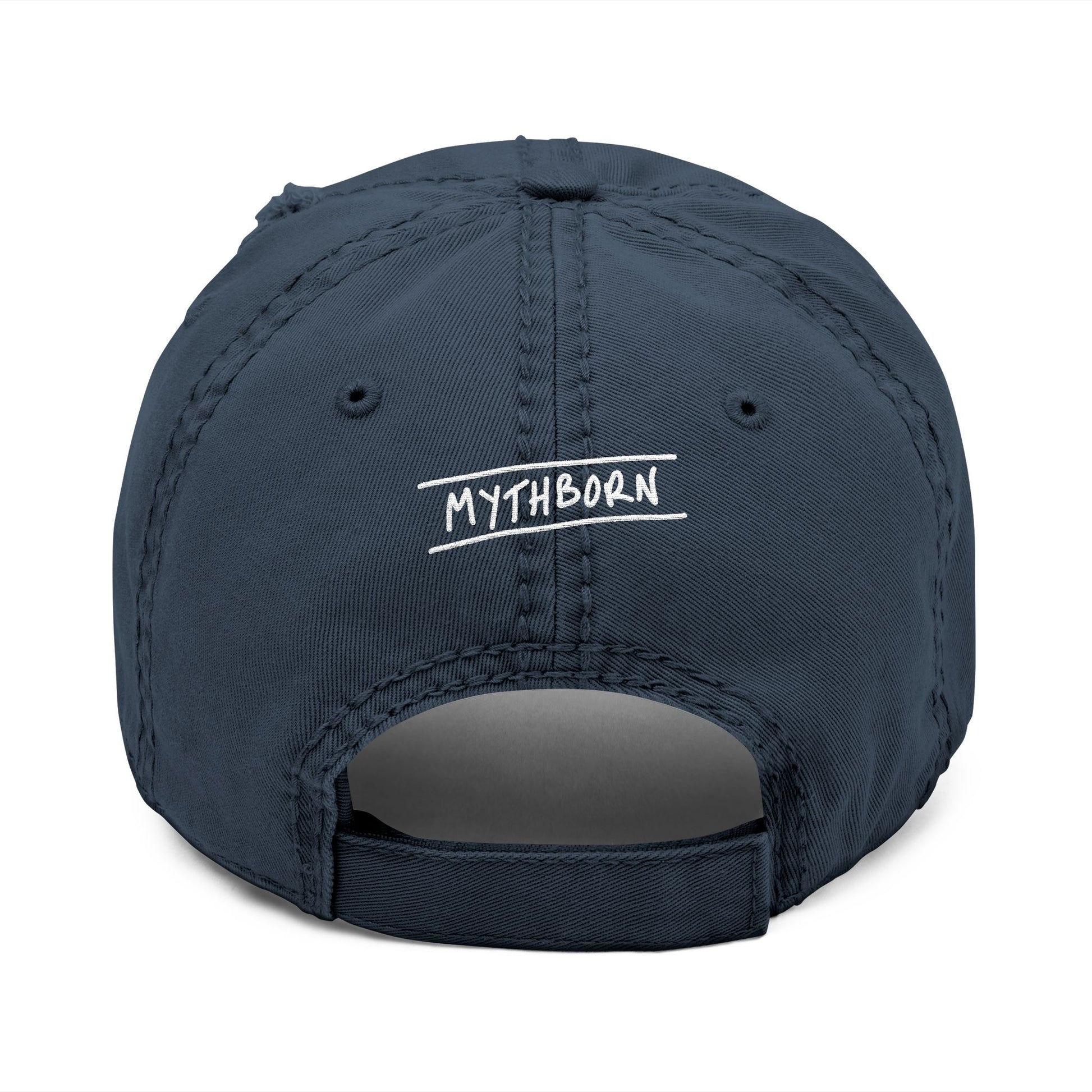 Back view of navy distressed dad hat with adjustable strap, featuring the word "Mythborn" as a nod to the Jackalope design on front.