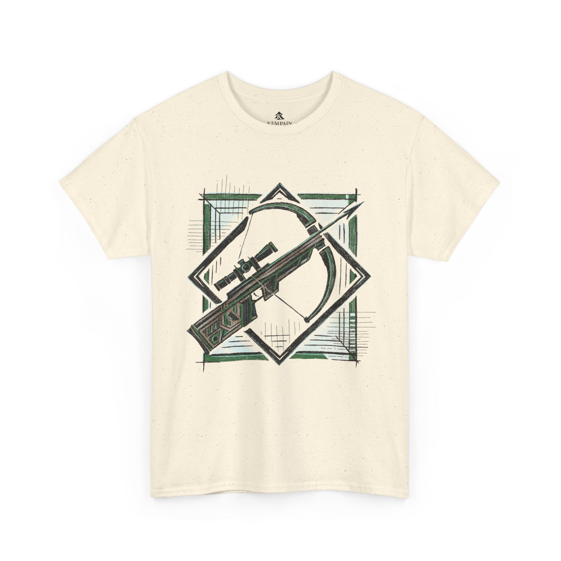 Natural Color Geometric Crossbow T-Shirt displayed flat on a white background, highlighting its modern archery-inspired design.
